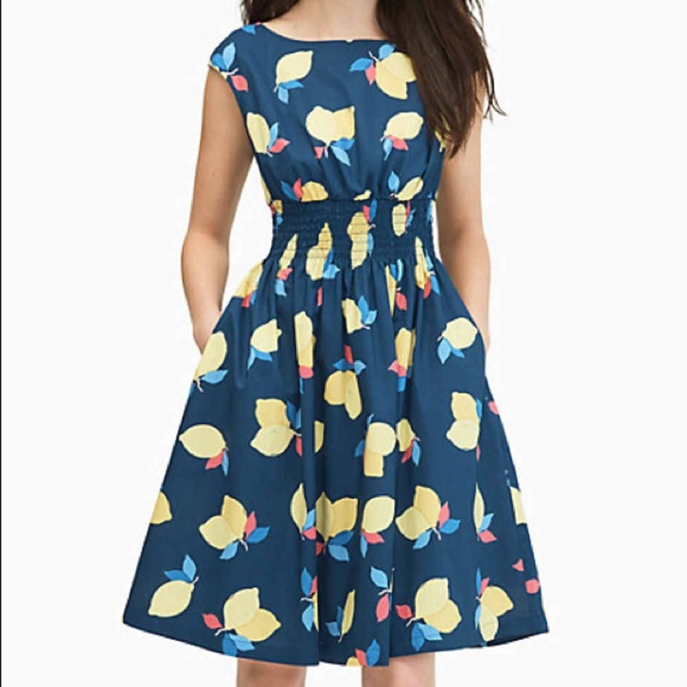 kate spade Navy Blue Lemon Print Midi Dress